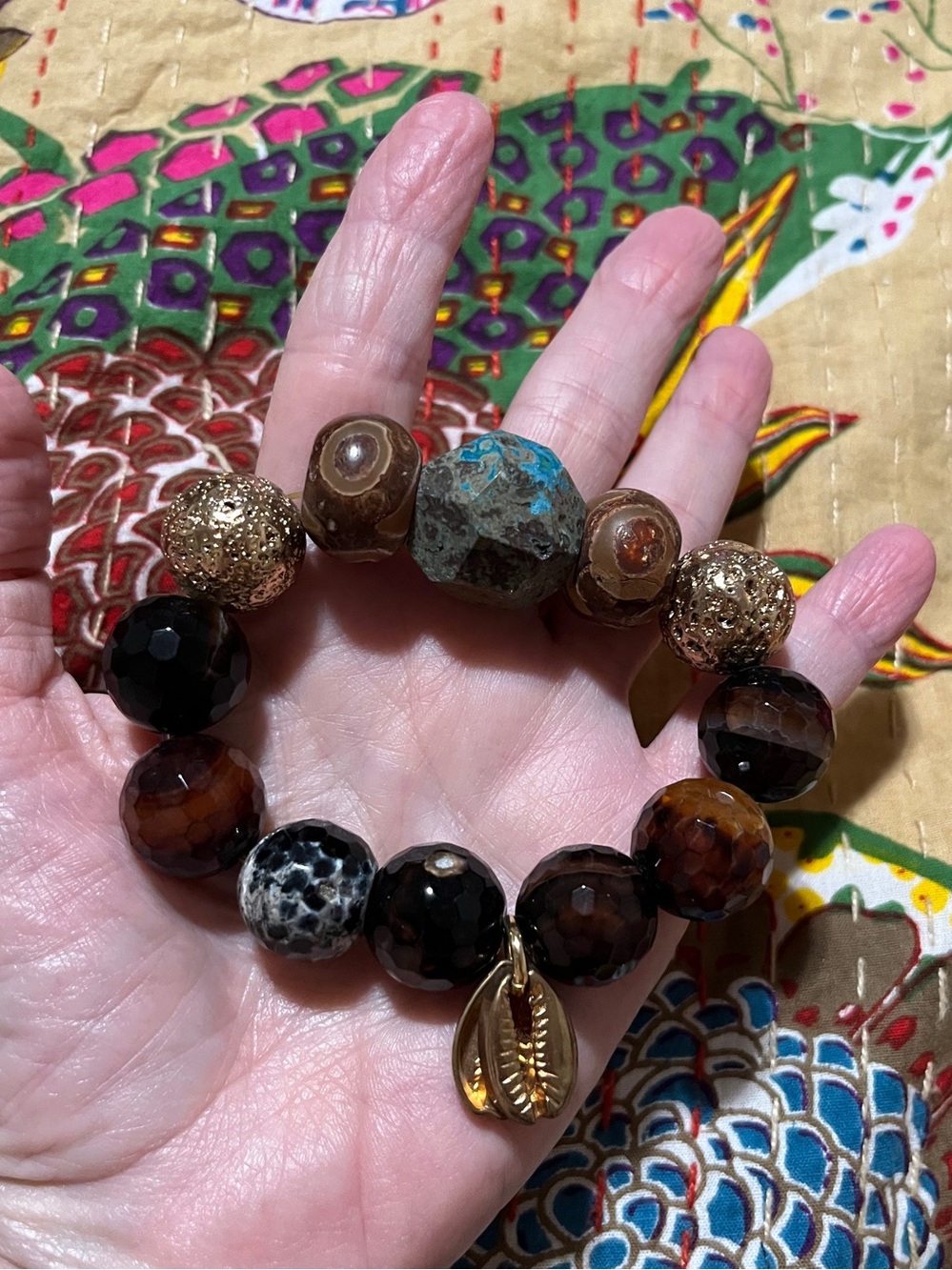 Boho Natural Stone Beaded Stretch Bracelet Chunky Agate Jasper Gold Accents